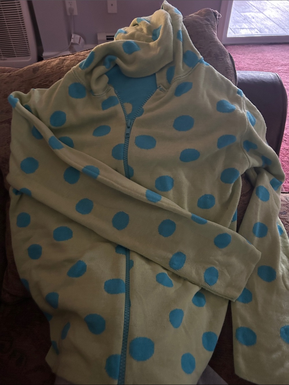Women’s Green Hoodie Cardigan with Blue Polka Dots